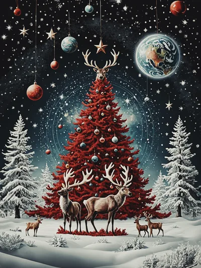 Surreal Christmas Tree With Reindeer In Snowy Landscape