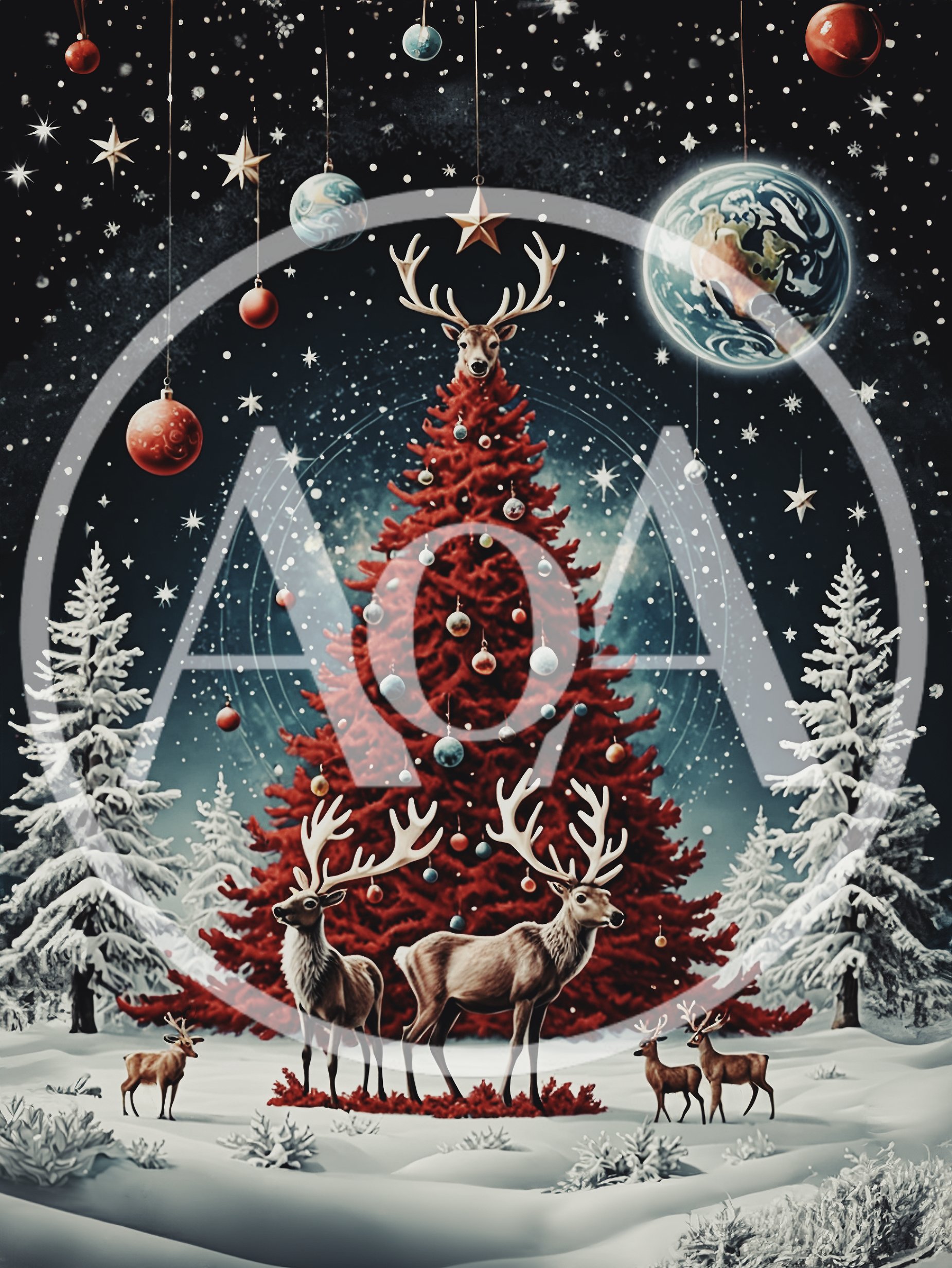 Surreal Christmas Tree With Reindeer In Snowy Landscape