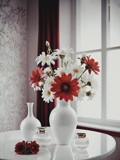 White Vase With Red And White Gerbera Flowers