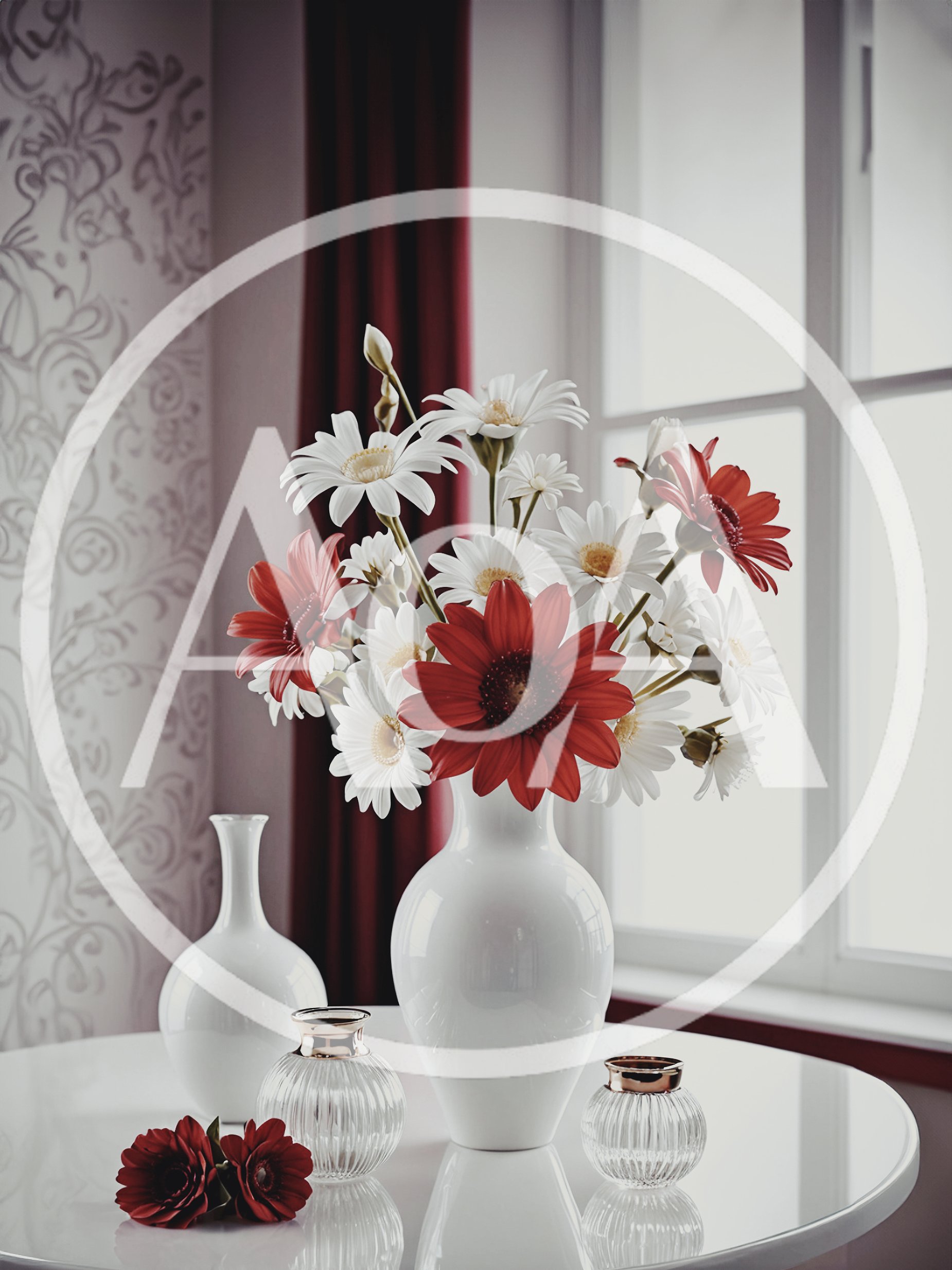 White Vase With Red And White Gerbera Flowers