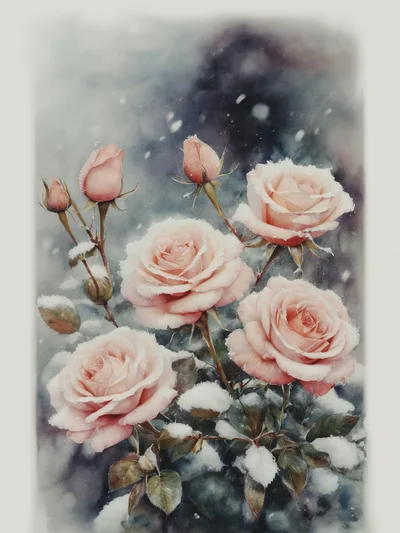 Watercolor Painting Of Pink Roses In Winter Snow