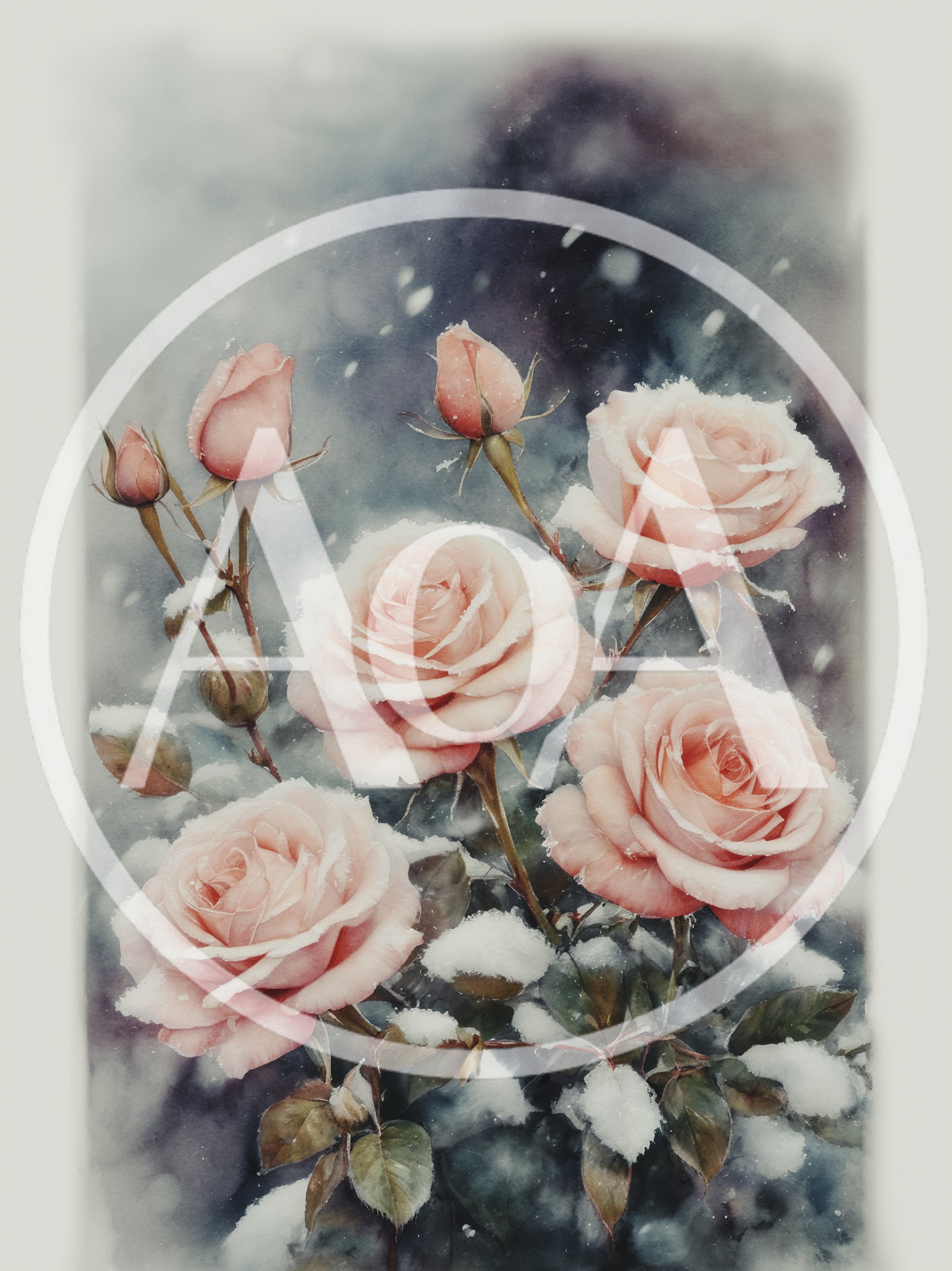 Watercolor Painting Of Pink Roses In Winter Snow
