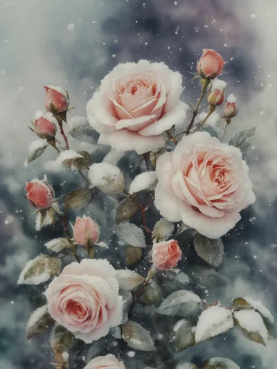 Pale Pink Roses Covered In Winter Snow