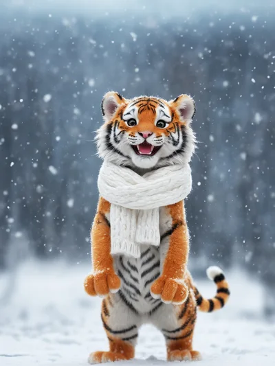 Cute Tiger Cub Wearing A Scarf In Snow