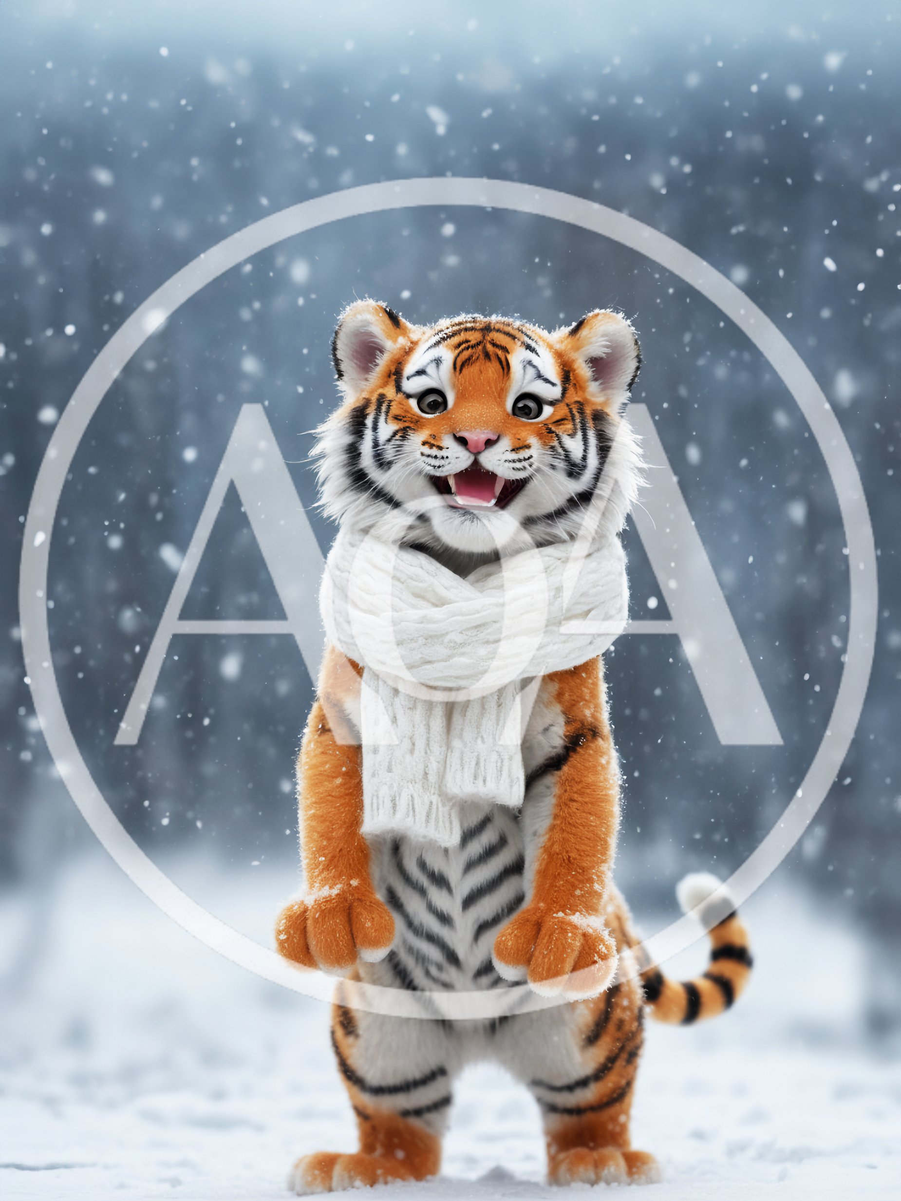 Cute Tiger Cub Wearing A Scarf In Snow