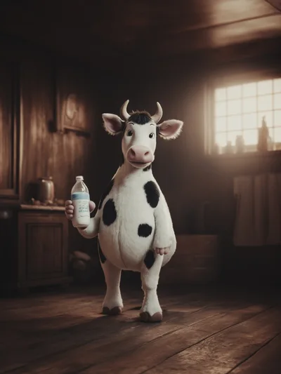 Anthropomorphic Cow Holding A Milk Bottle In Rustic Interior