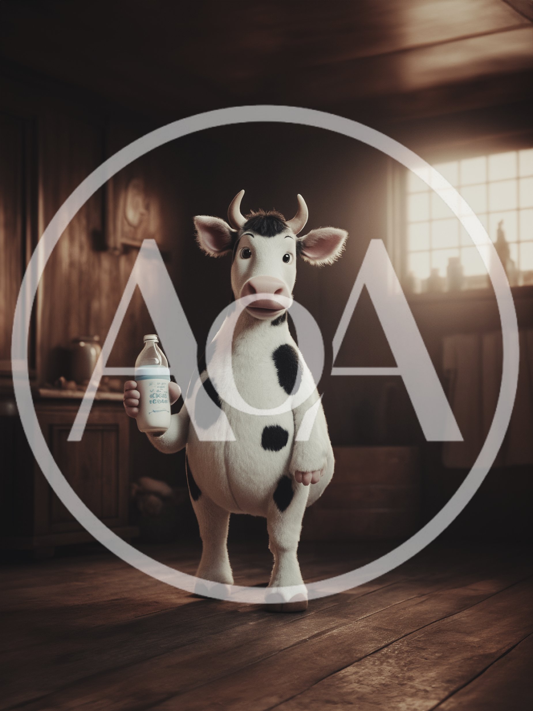 Anthropomorphic Cow Holding A Milk Bottle In Rustic Interior