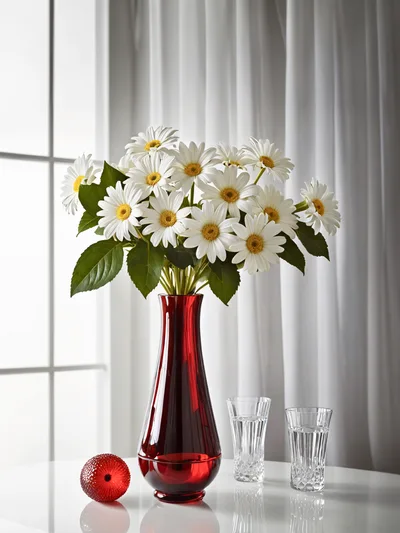 White Daisies in Red Glass Vase on Table