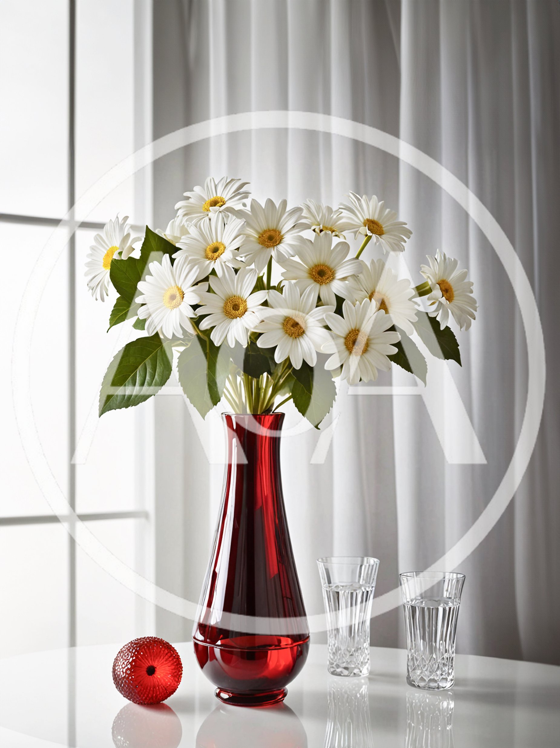 White Daisies in Red Glass Vase on Table