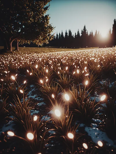 Glowing Bioluminescent Plants In A Meadow At Sunset