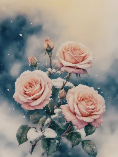 Soft Pink Roses Covered In Winter Snow