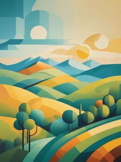 Abstract Geometric Landscape With Rolling Hills And Mountains