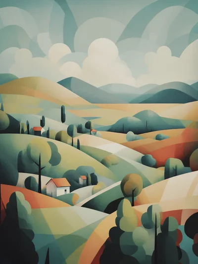 Stylized Digital Illustration Of Rolling Tuscan Hills