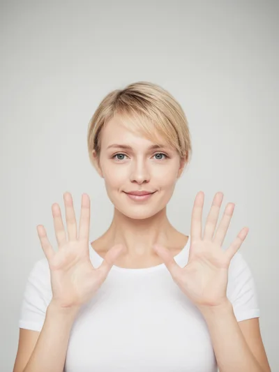 Young Woman Showing Ten Fingers Against Grey Background