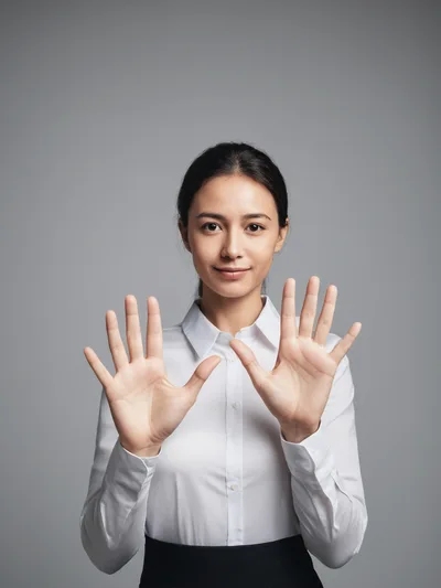 Young Businesswoman Showing Ten Fingers Against Grey Background