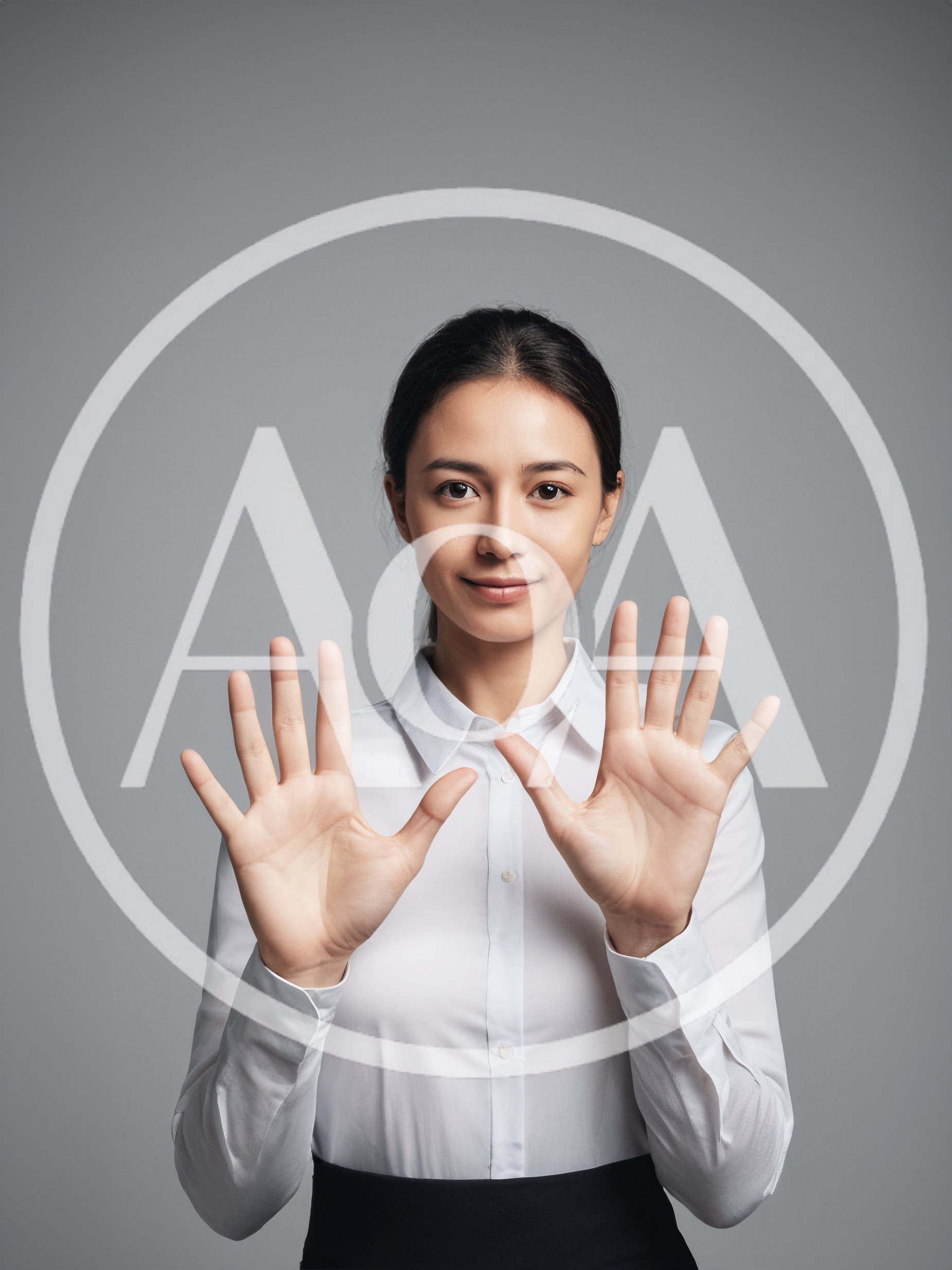 Young Businesswoman Showing Ten Fingers Against Grey Background