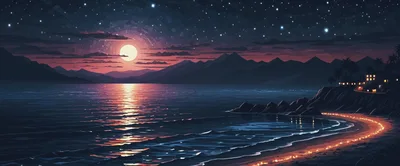 Serene Night Landscape With Moonlit Ocean And Coastal Village
