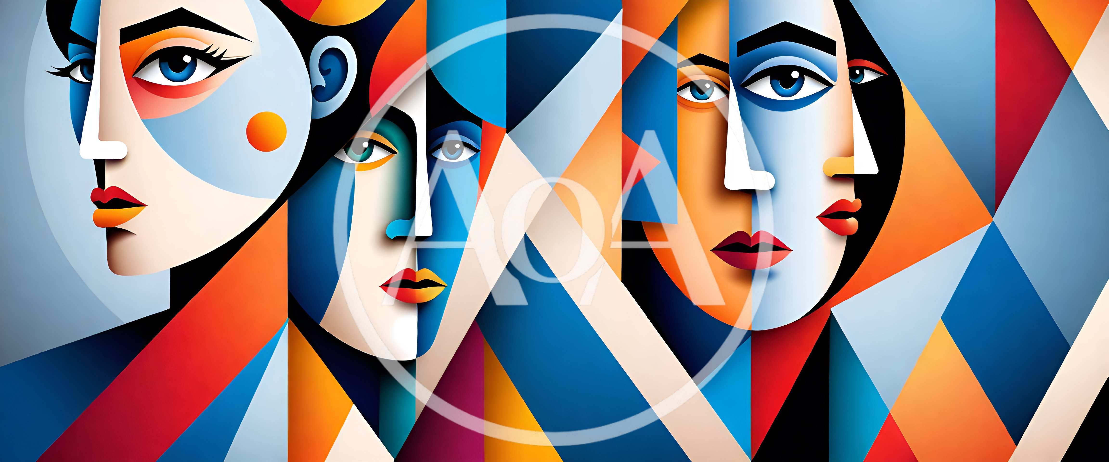 Abstract Cubist Portrait Featuring Multiple Stylized Faces