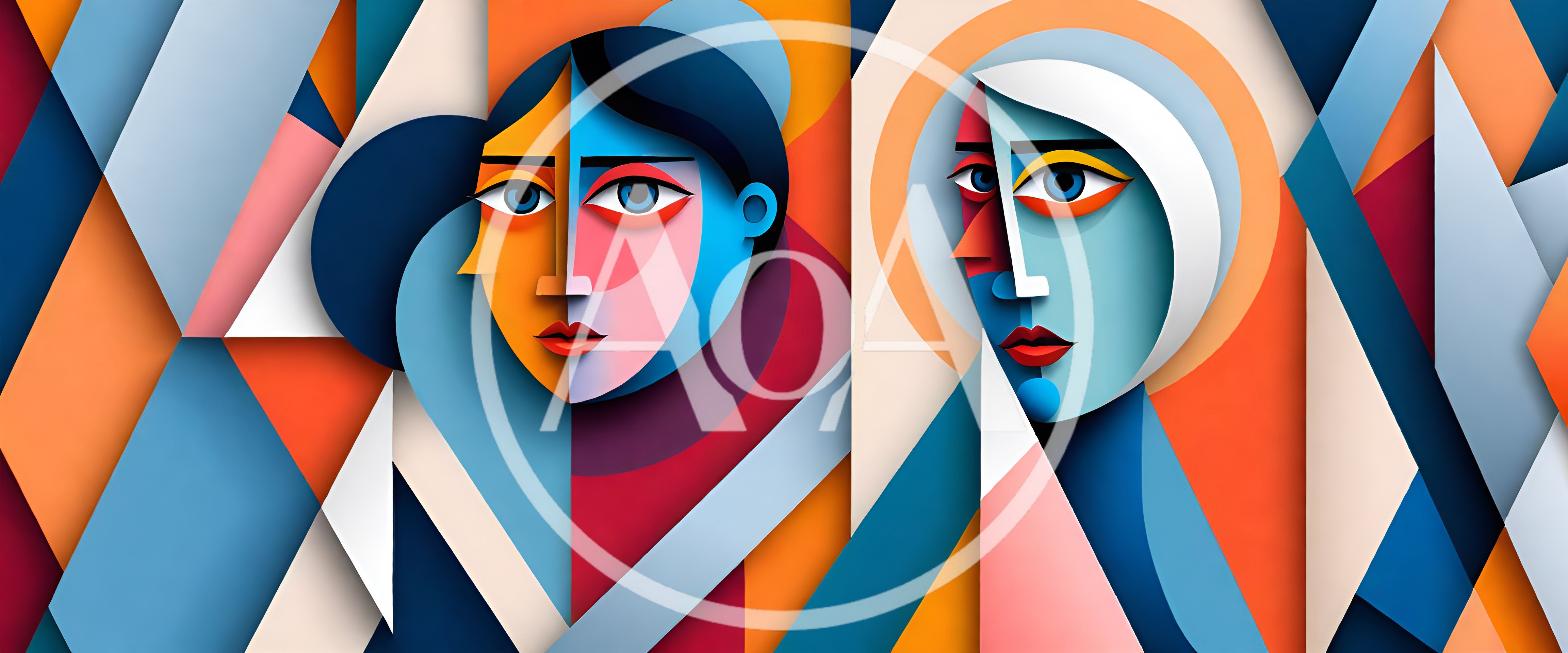 Abstract Cubist Portrait Of Two Stylized Faces