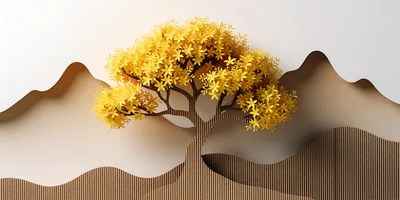 Paper Cutout Style Tree With Yellow Flowers