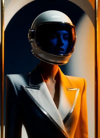 Fashion Model Wearing Futuristic Astronaut Helmet and Blazer