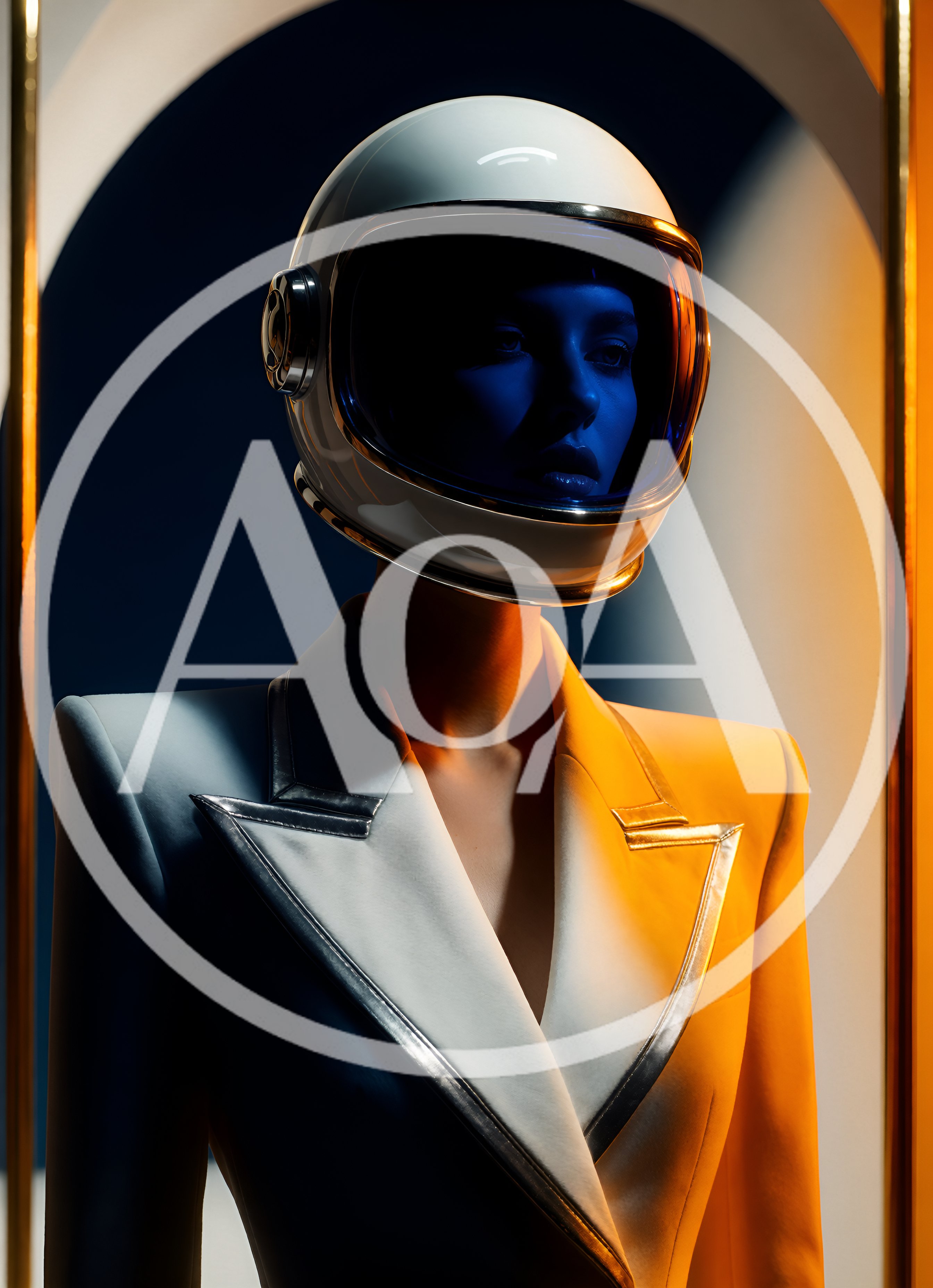 Fashion Model Wearing Futuristic Astronaut Helmet and Blazer