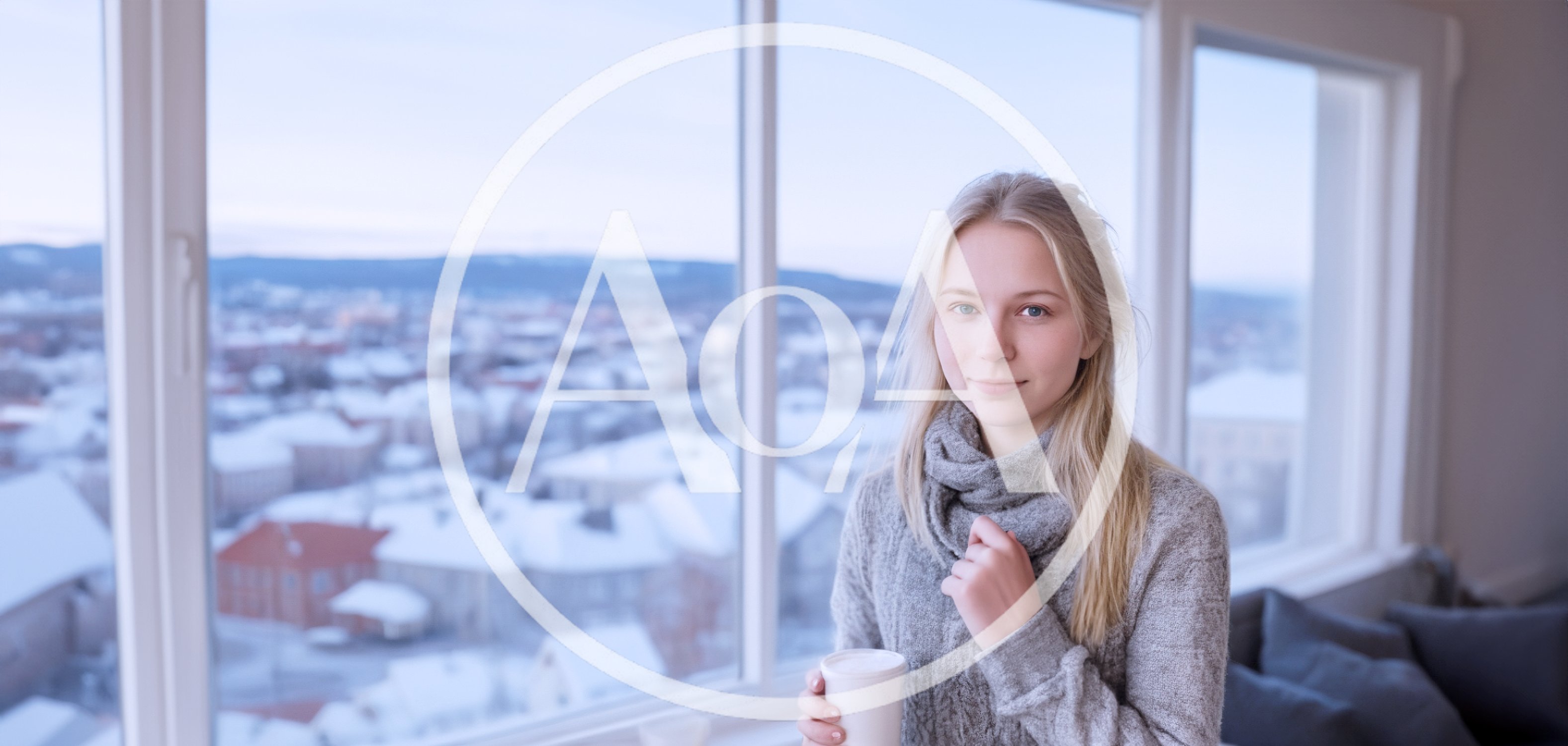 Young Woman Holding Coffee Mug By Snowy Window