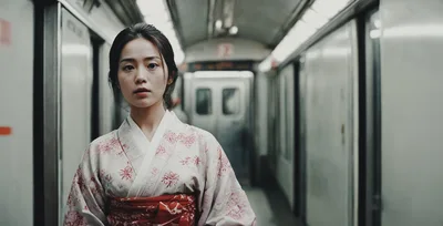 Young Japanese Woman in Kimono Standing on Subway Train