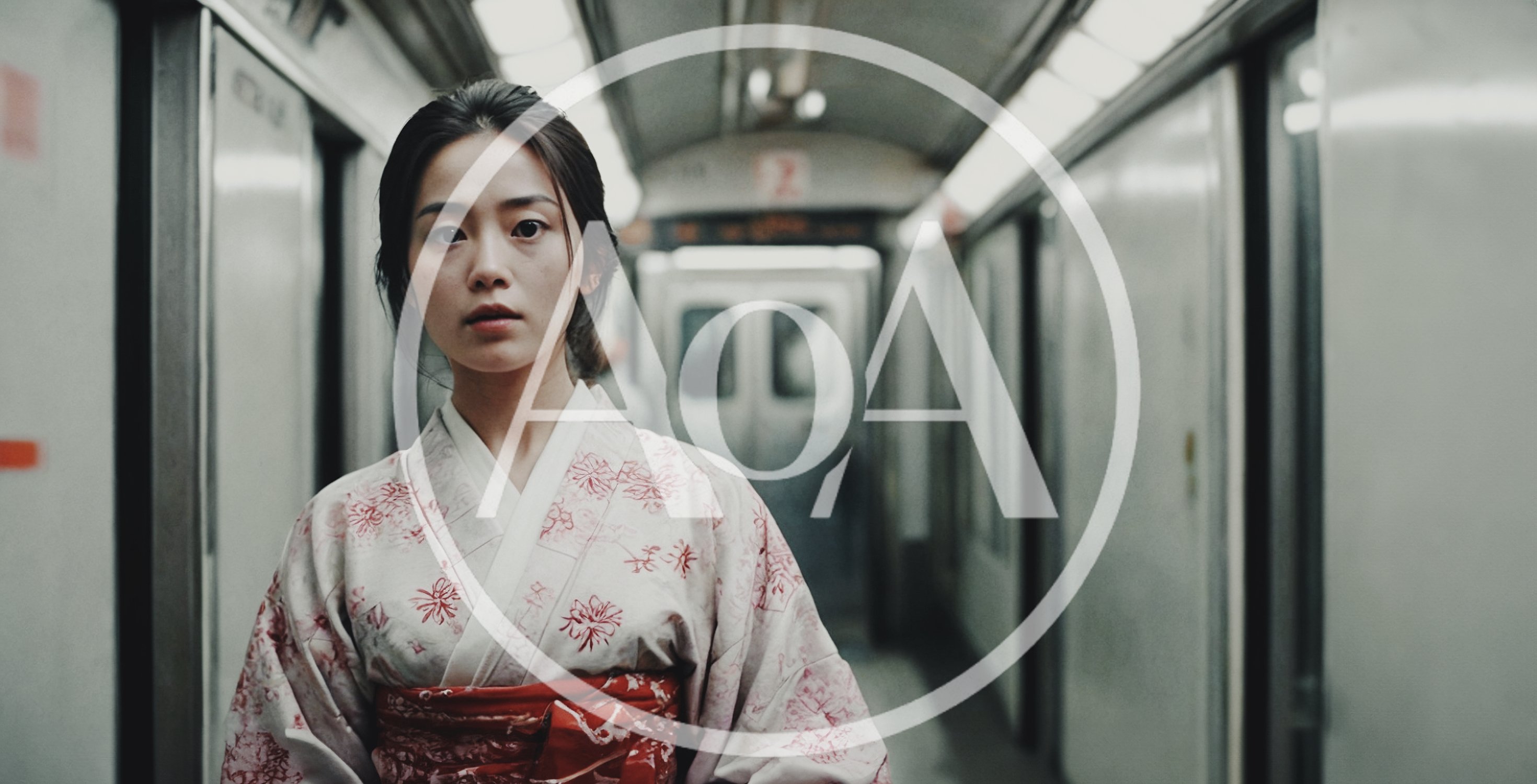 Young Japanese Woman in Kimono Standing on Subway Train