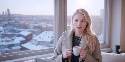 Young Woman Holding Coffee Mug By Snowy City Window