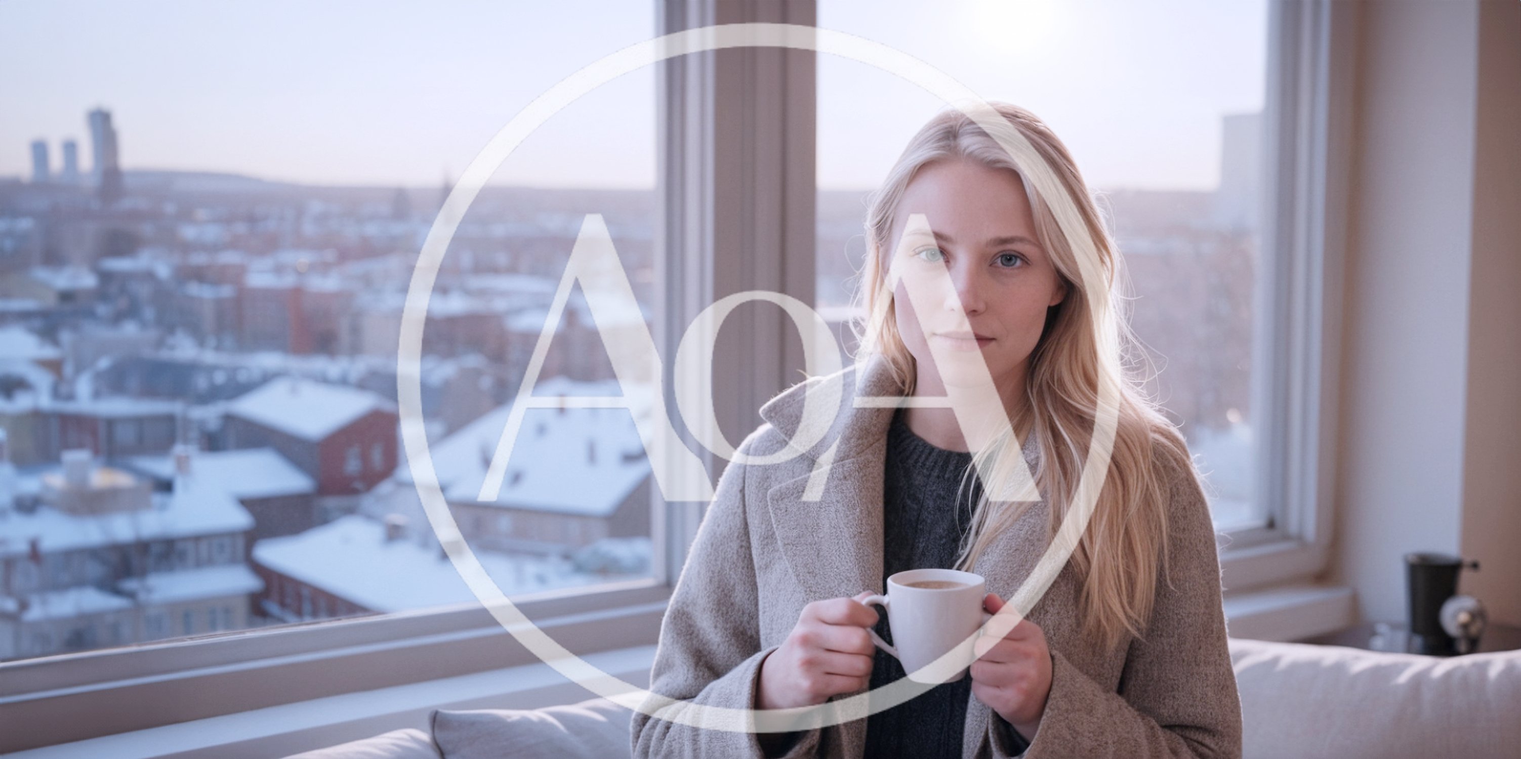 Young Woman Holding Coffee Mug By Snowy City Window