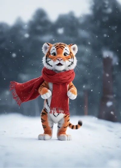 Cute Cartoon Tiger Cub Wearing Red Scarf In Snow