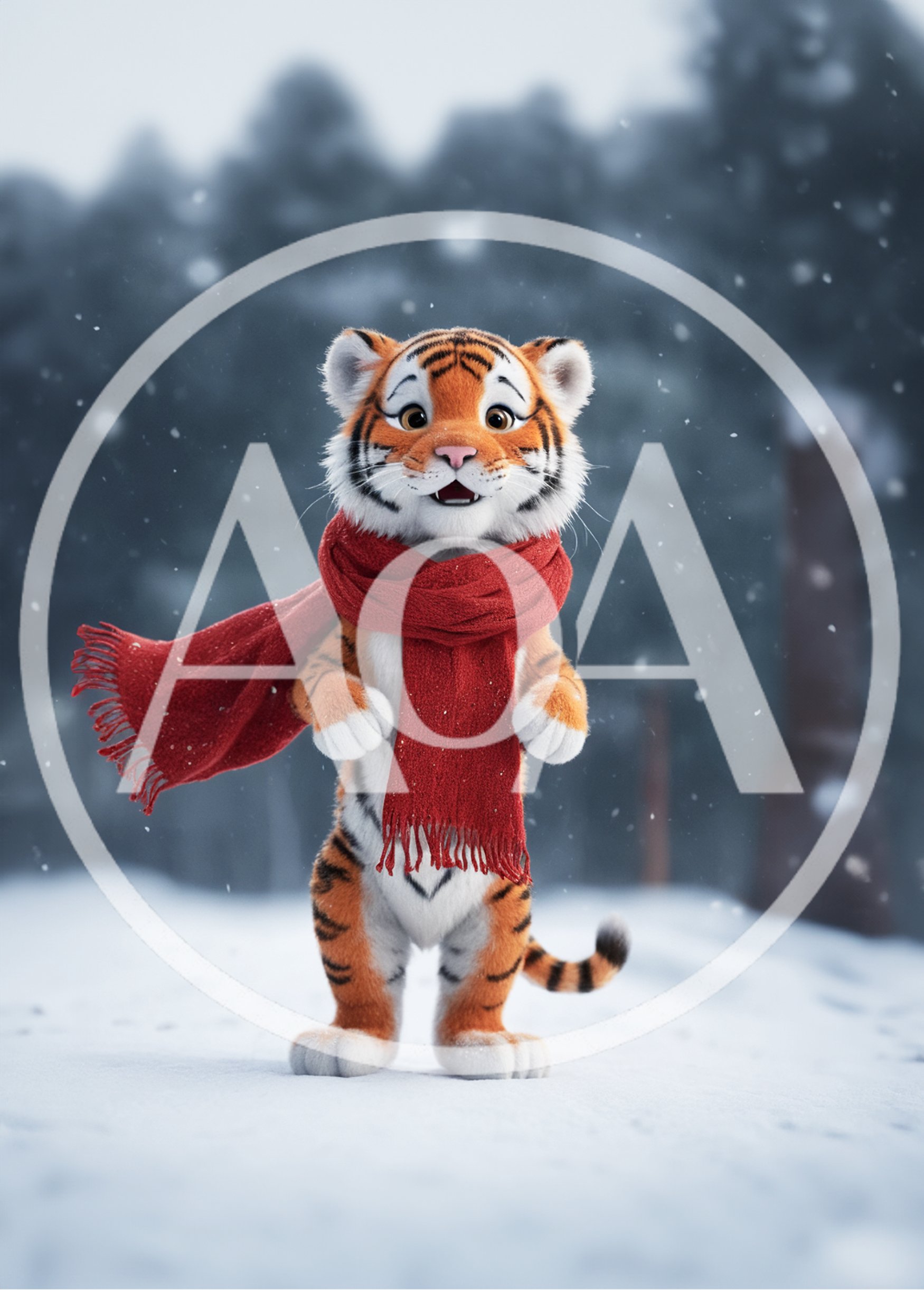 Cute Cartoon Tiger Cub Wearing Red Scarf In Snow