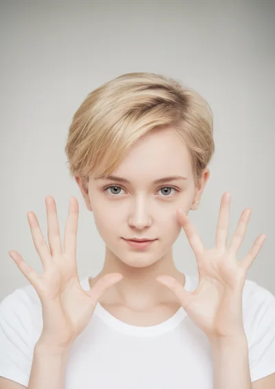 Young Woman With Short Blonde Hair Showing Open Palms