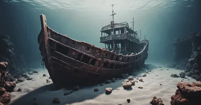 Sunken Wooden Shipwreck Resting On The Ocean Floor