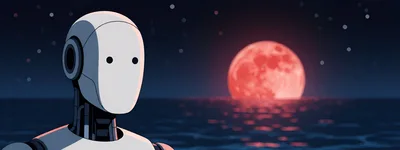 Humanoid Robot Standing Before A Glowing Red Moon
