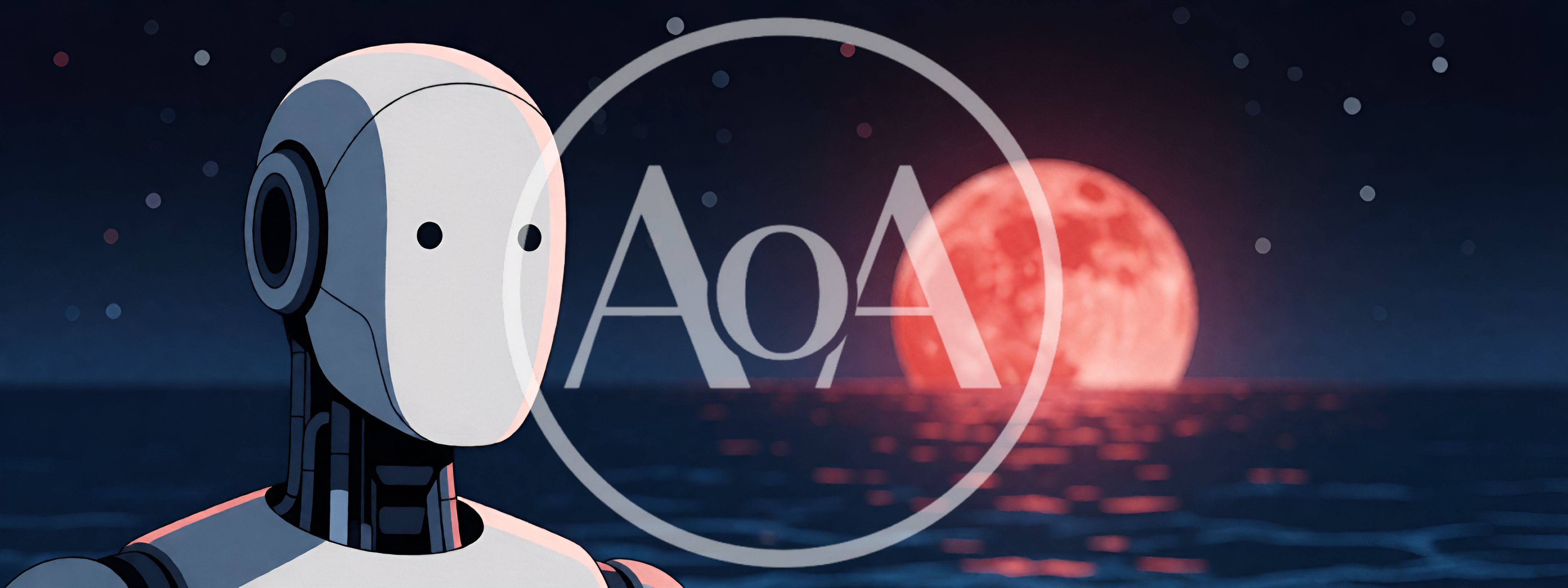 Humanoid Robot Standing Before A Glowing Red Moon