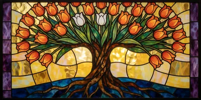 Stained Glass Tree With Orange And White Tulips