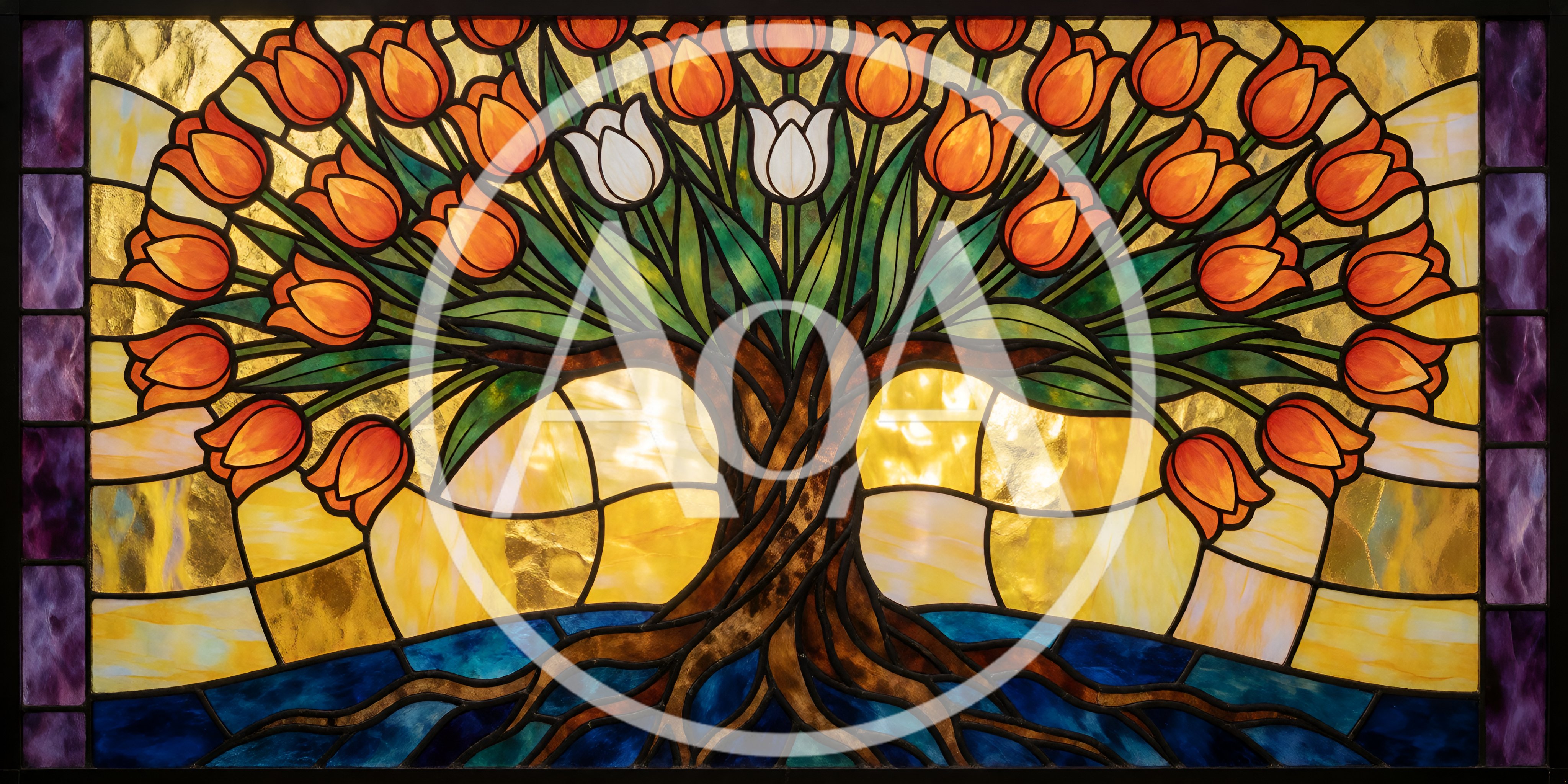 Stained Glass Tree With Orange And White Tulips