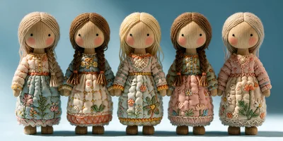 Five Handmade Wooden Dolls With Embroidered Dresses