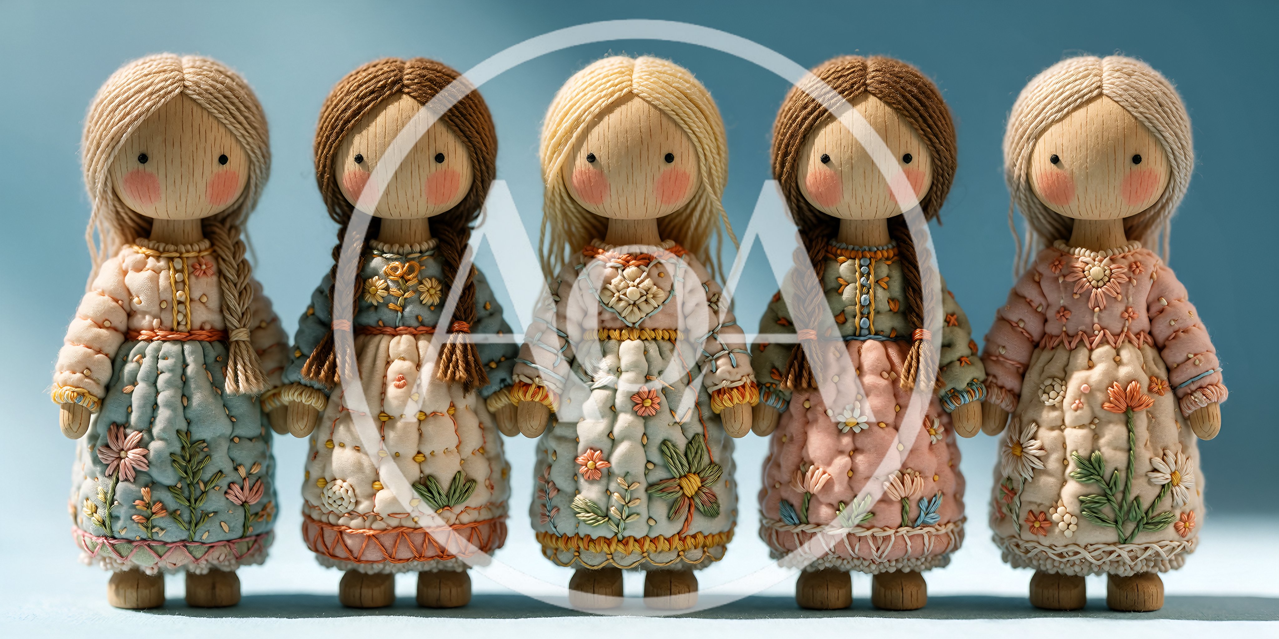 Five Handmade Wooden Dolls With Embroidered Dresses