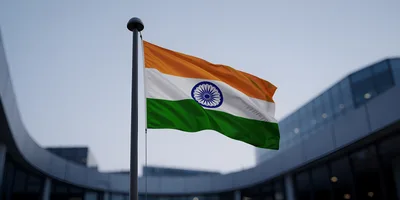 Indian National Flag Waving On A Flagpole