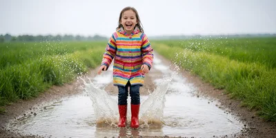 Happy Young Girl Jumping in Muddy Puddle