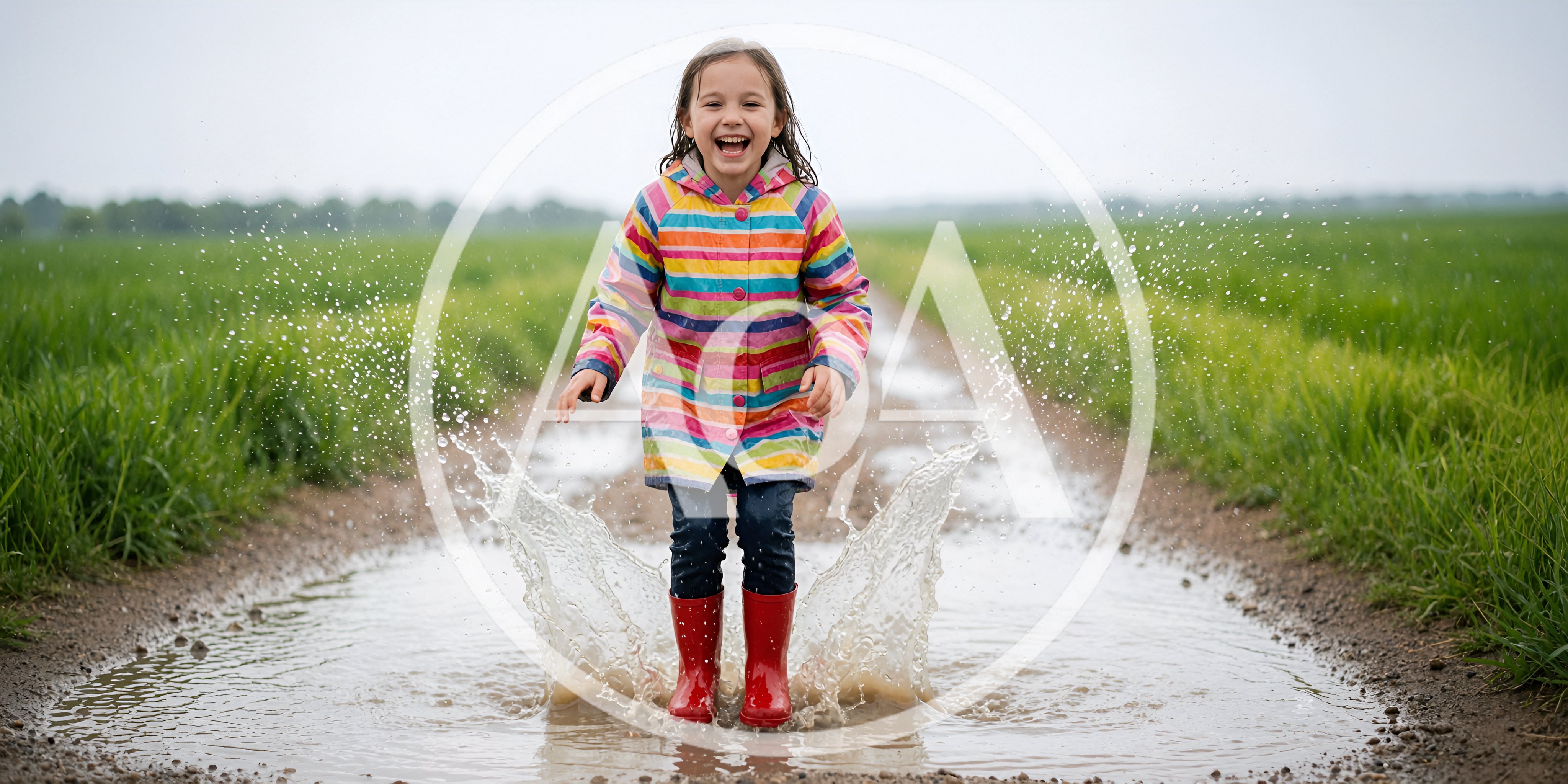 Happy Young Girl Jumping in Muddy Puddle