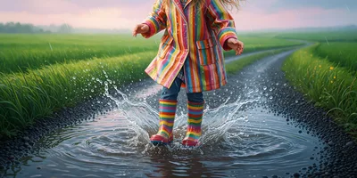 Child Jumping In A Puddle Wearing A Striped Raincoat