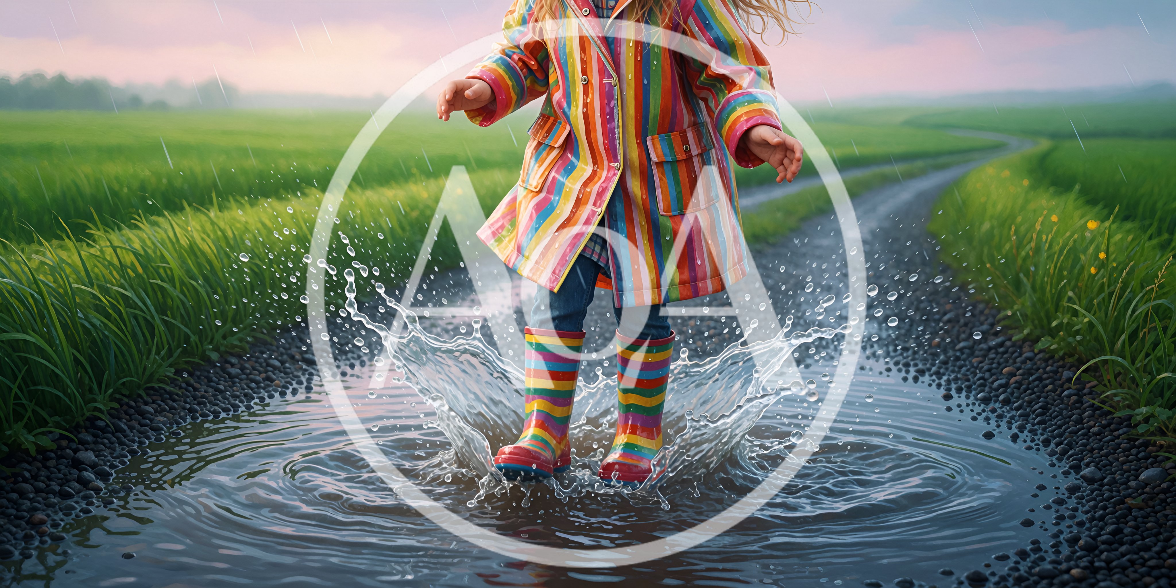 Child Jumping In A Puddle Wearing A Striped Raincoat