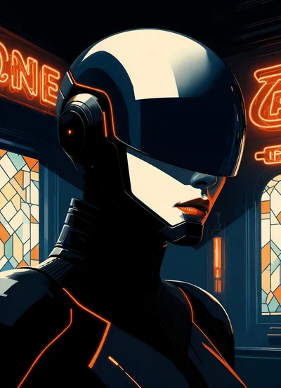 Cybernetic Woman With Futuristic Helmet In Neon Setting