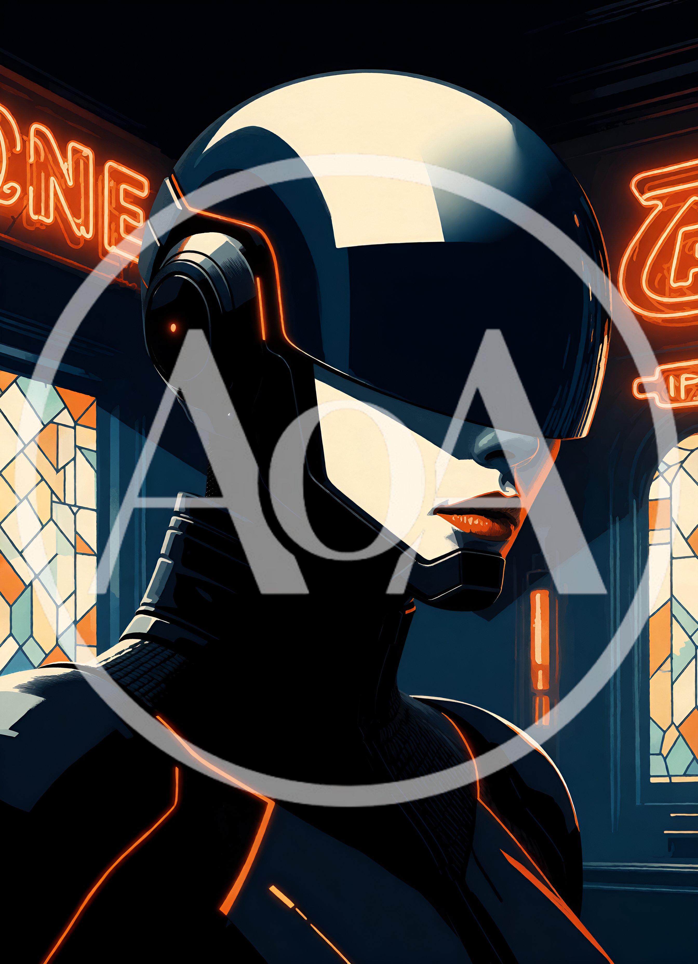 Cybernetic Woman With Futuristic Helmet In Neon Setting