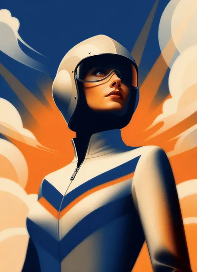 Retro Futuristic Female Pilot In Helmet And Flight Suit