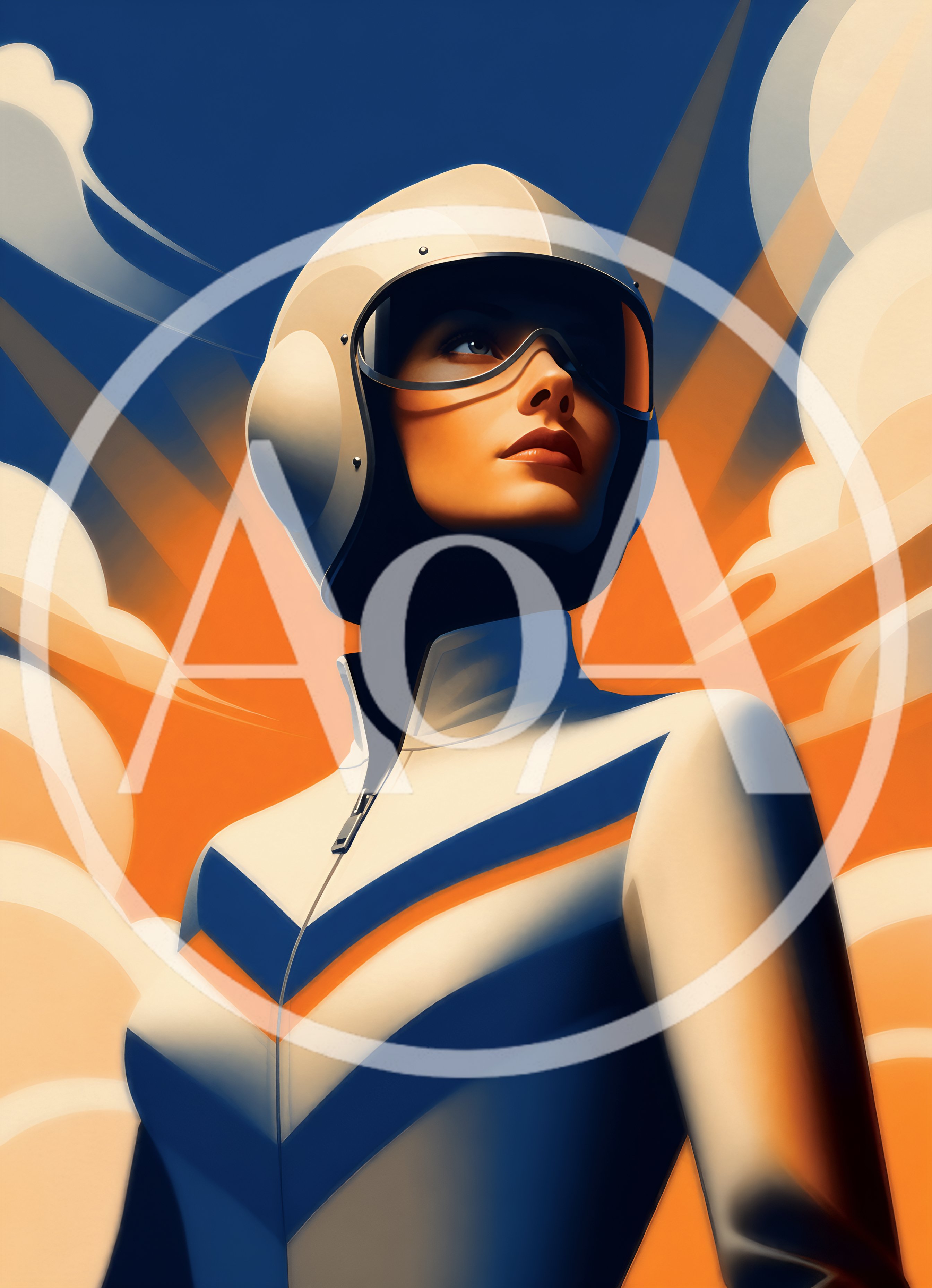 Retro Futuristic Female Pilot In Helmet And Flight Suit